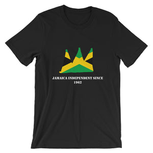 Black shirt with Green yellow and black Jamaican flag in the shape of a crown on it