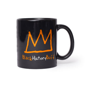 Black coffww mug with Orange crown and the words black history buff written underneath