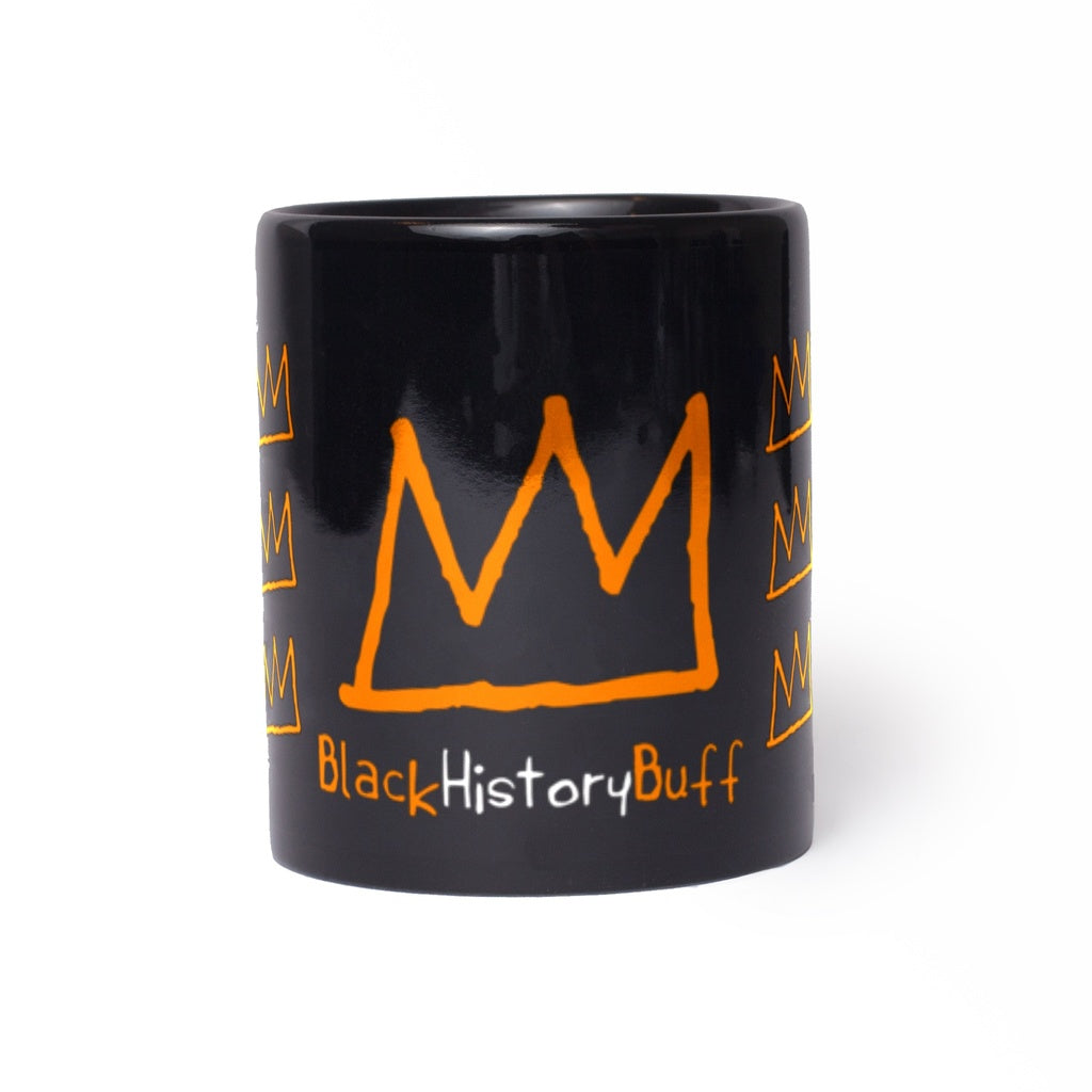 Black mug with an orange crown logo the front and the words black history buff printed across it